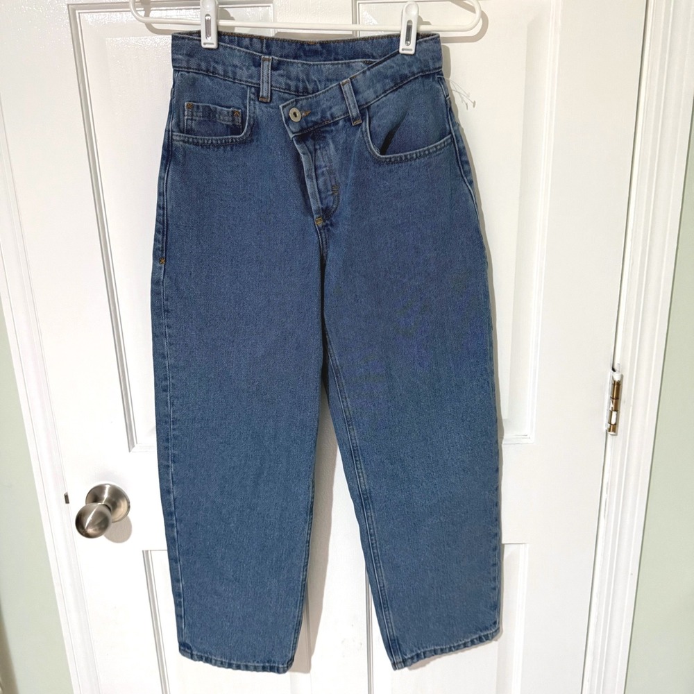 Collusion Petite Asymmetric Crossover Waist Straight Leg Jeans Blue 24/28
